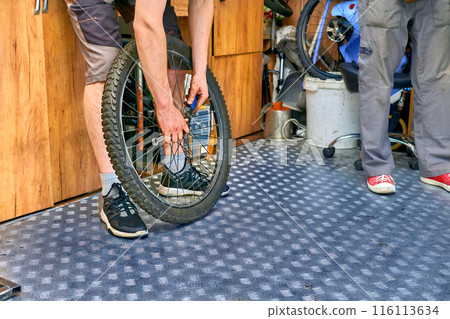 Bicycle repair. Master adjusts bicycle wheel 116113634