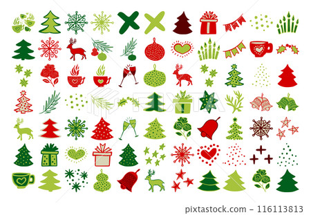 Red Green Christmas Doodles Vector Illustration. Snowflake, Deer, Tree branch, Bells and Garland Red Green Christmas Doodles Vector Illustration. Snowflake, Deer, Tree branch, Bells and Garland 116113813