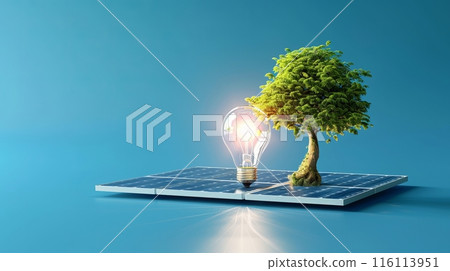 A light bulb on a solar panel near a tree under the sky 116113951
