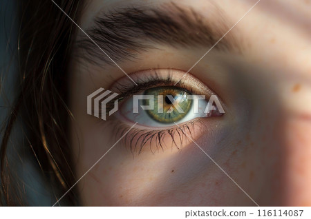 一個女人明亮的綠色眼睛的特寫 一個女人明亮的綠色眼睛的特寫 116114087