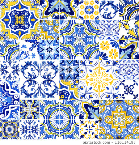 Talavera pattern. Azulejos Portugal. Turkish ornament. Moroccan tile mosaic. Spanish Ceramic tableware, folk print. Ethnic background. Mediterranean seamless wallpaper. 116114195