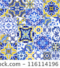 Talavera pattern. Azulejos Portugal. Turkish ornament. Moroccan tile mosaic. Spanish Ceramic tableware, folk print. Ethnic background. Mediterranean seamless wallpaper. 116114196