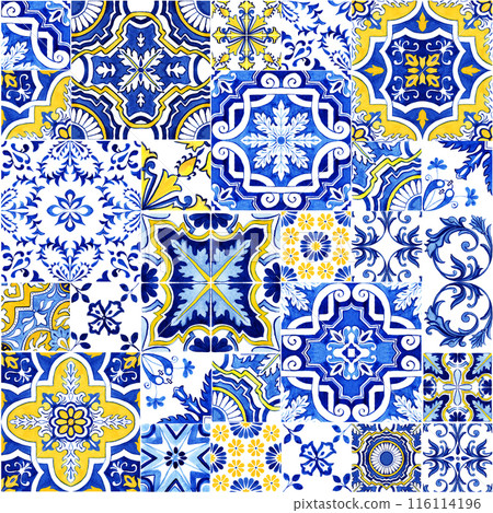 Talavera pattern. Azulejos Portugal. Turkish ornament. Moroccan tile mosaic. Spanish Ceramic tableware, folk print. Ethnic background. Mediterranean seamless wallpaper. 116114196