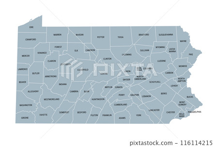 Pennsylvania counties, gray political map. Commonwealth of Pennsylvania, a state of the Mid-Atlantic and Northeastern United States, subdivided into 67 counties. Map with boundaries and county names. Pennsylvania counties, gray political map. Commonwealth of Pennsylvania, a state of the Mid-Atlantic and Northeastern United States, subdivided into 67 counties. Map with boundaries and county names. 116114215