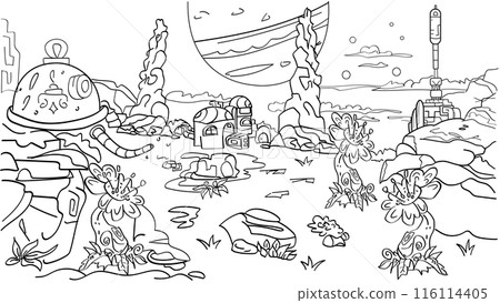 space coloring page, illustration on the theme of space and alien life black and white  116114405
