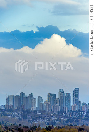 Overview of Metrotown cityscape on cloudy sky background Overview of Metrotown cityscape on cloudy sky background 116114531
