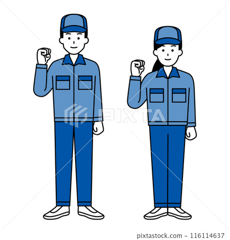 一組身穿全身工作服的男女打拳 一組身穿全身工作服的男女打拳 116114637