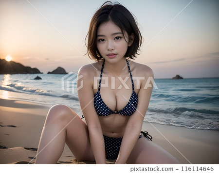 A woman in a bikini sitting facing forward with her buttocks on the sand at sunset A woman in a bikini sitting facing forward with her buttocks on the sand at sunset 116114646