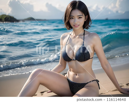A woman sitting diagonally sideways on the beach under a sky filled with summer clouds A woman sitting diagonally sideways on the beach under a sky filled with summer clouds 116114648