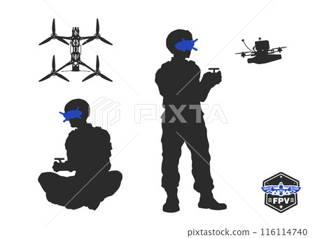 Soldier controls a FPV drone. Black silhouette of modern wireless bomber. Military aerial weapon operator. Isolated drawing of tactical planes division Soldier controls a FPV drone. Black silhouette of modern wireless bomber. Military aerial weapon operator. Isolated drawing of tactical planes division 116114740