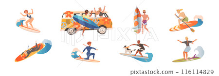 Happy Surfer Man and Woman Character Ride Ocean Wave Vector Set 116114829