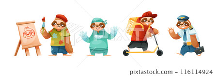 Funny Sloth Mammal Engaged in Different Occupation Wearing Professional Uniform Vector Set 116114924