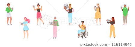 People Characters Showing QR Code on Their Gadget Vector Illustration Set 116114945