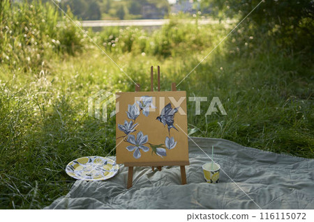 a beautiful young artist in a white dress paints a picture on the river bank a beautiful young artist in a white dress paints a picture on the river bank 116115072