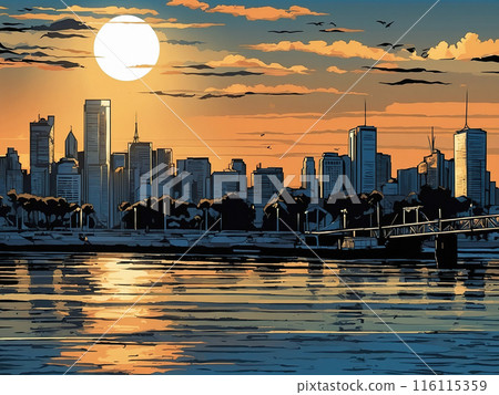 A stunning sunset over a city skyline,... - Stock Illustration ...