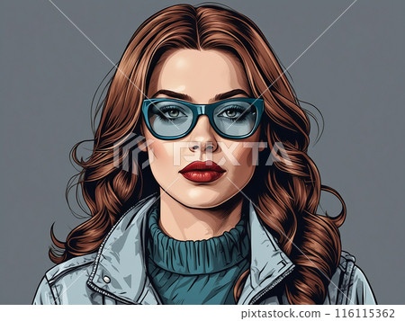 A stylish portrait of a woman wearing blue-tinted glasses, exuding confidence and modern fashion in a clean, contemporary style. 116115362
