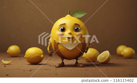 A cute, yellow lemon character with glasses and a smiling face, standing against a brown background 116115402