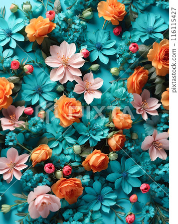 A lush composition of orange, pink, and turquoise flowers densely packed on a turquoise background, exuding warmth and vibrancy. A lush composition of orange, pink, and turquoise flowers densely packed on a turquoise background, exuding warmth and vibrancy. 116115427