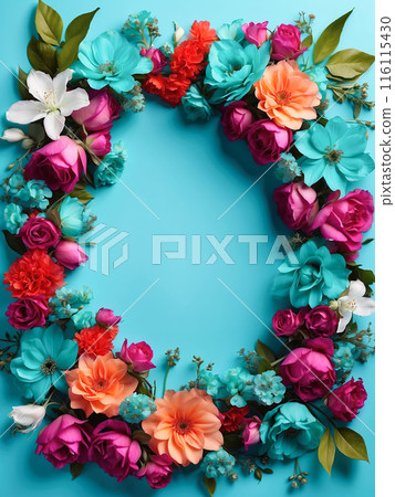 A vibrant floral wreath with a mix of pink, white, and turquoise flowers against a turquoise background. 116115430