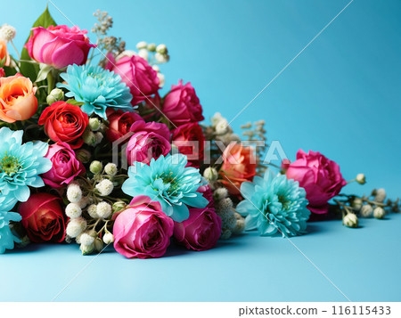A lush array of orange, turquoise, and pink flowers on a turquoise background, evoking a festive and cheerful mood. A lush array of orange, turquoise, and pink flowers on a turquoise background, evoking a festive and cheerful mood. 116115433