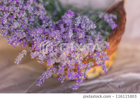 Basket with lavender flowers top view Basket with lavender flowers top view 116115803