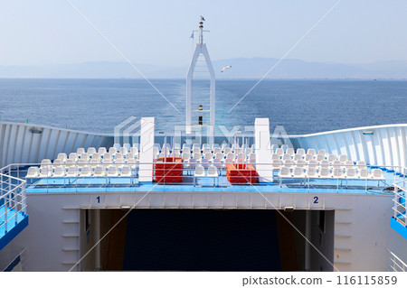 empty white seats on ferry boat deck terrace empty white seats on ferry boat deck terrace 116115859