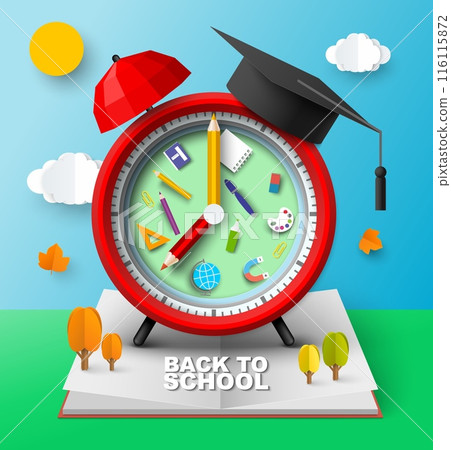 Back to school papercut background with alarm clock and academic hat Back to school papercut background with alarm clock and academic hat 116115872