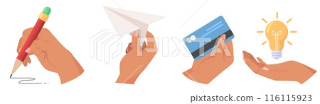 Hands holding pencil, credit card, paper plane, idea lightbulb set Hands holding pencil, credit card, paper plane, idea lightbulb set 116115923