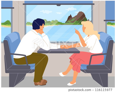 Happy loving couple cartoon characters traveling in train vector illustration 116115977