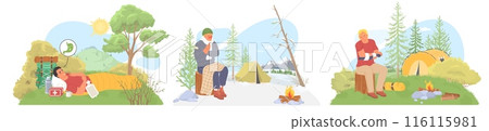 People traveler characters having troubles during camping People traveler characters having troubles during camping 116115981