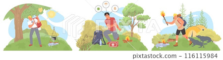 Traveler needs of emergency help in camping vector illustration Traveler needs of emergency help in camping vector illustration 116115984