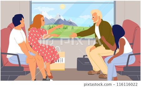 Happy friends traveling inside cabin in train vector illustration 116116022