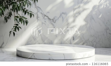 Empty marble podium for product display on gray background. top view 116116065