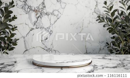 Empty marble podium for product display on gray background. top view 116116111