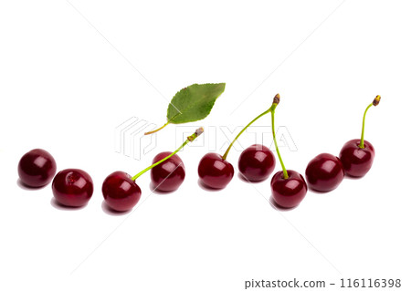Wishnf isolated on white background. Fresh cherries with green leaves. 116116398