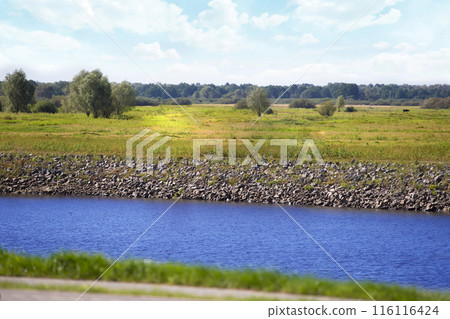 Beautiful nature with river meadows and blue sky. 116116424