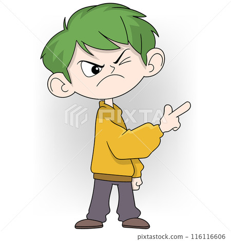 Cartoon Child with Green Hair Pointing and Showing Angry Expression 116116606