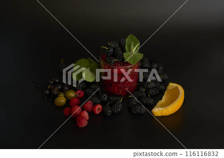 multivitamin smoothie with mulberry, raspberry, gooseberry, currant, mint, orange, gooseberry 116116832