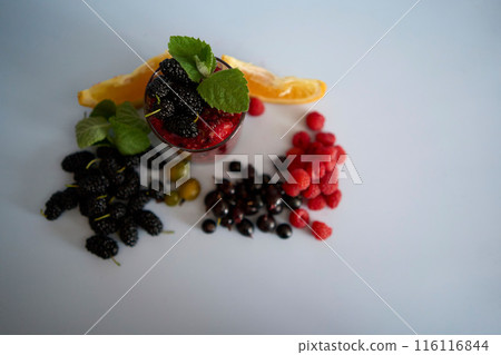 multivitamin smoothie with mulberry, raspberry, gooseberry, currant, mint, orange, gooseberry 116116844