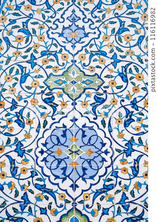 ceramic tile with a traditional Uzbek floral ornament with a pattern. Wall of white mosque Minor in Tashkent in Uzbekistan ceramic tile with a traditional Uzbek floral ornament with a pattern. Wall of white mosque Minor in Tashkent in Uzbekistan 116116982