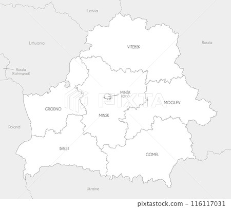 Vector map of Belarus with regions or oblasts and administrative divisions, and neighbouring countries. Editable and clearly labeled layers. Vector map of Belarus with regions or oblasts and administrative divisions, and neighbouring countries. Editable and clearly labeled layers. 116117031