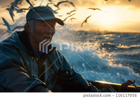 清晨，漁民捕魚，海鷗飛過 116117058