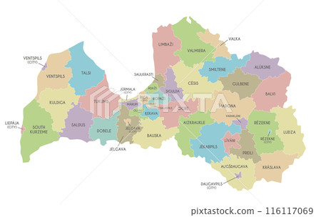 Vector regional map of Latvia with state cities and municipalities, and administrative divisions. Editable and clearly labeled layers. Vector regional map of Latvia with state cities and municipalities, and administrative divisions. Editable and clearly labeled layers. 116117069