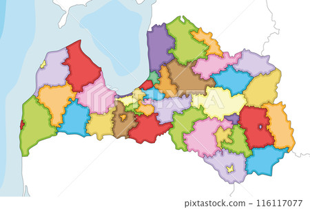 Vector illustrated regional blank map of Latvia with state cities and municipalities and administrative divisions, and neighbouring countries and territories. Editable and clearly labeled layers. Vector illustrated regional blank map of Latvia with state cities and municipalities and administrative divisions, and neighbouring countries and territories. Editable and clearly labeled layers. 116117077