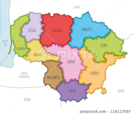 Vector illustrated regional map of Lithuania with counties and administrative divisions, and neighbouring countries and territories. Editable and clearly labeled layers. 116117097