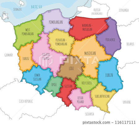 Vector illustrated map of Poland with provinces and administrative divisions, and neighbouring countries and territories. Editable and clearly labeled layers. Vector illustrated map of Poland with provinces and administrative divisions, and neighbouring countries and territories. Editable and clearly labeled layers. 116117111