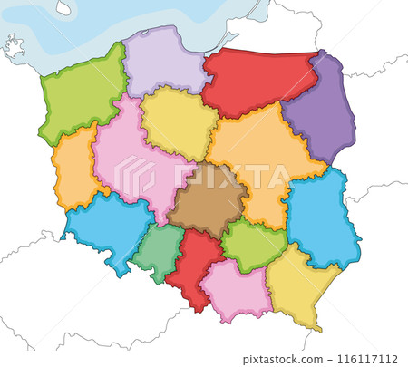 Vector illustrated blank map of Poland with provinces and administrative divisions, and neighbouring countries and territories. Editable and clearly labeled layers. 116117112