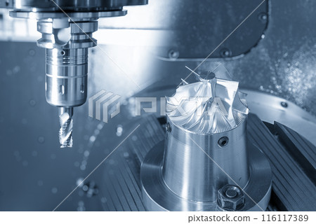 The 5-axis CNC milling machine  cutting the turbocharger part with solid ball end mill tool. 116117389