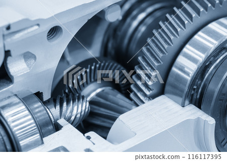 Close up scene the transmission gear parts in the light blue scene. Close up scene the transmission gear parts in the light blue scene. 116117395