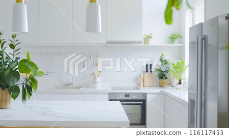 Modern Minimalist Kitchen with White Cabinets, Marble Countertops, and Indoor Plants. Modern Minimalist Kitchen with White Cabinets, Marble Countertops, and Indoor Plants. 116117453